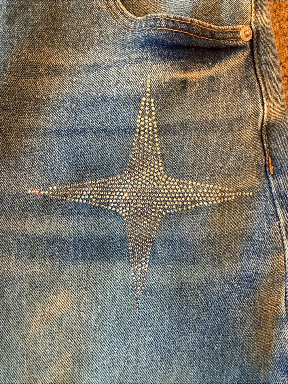 Boutique Light Blue Rhinestone Star-Print Wide Leg Women Jeans - Picture 5 of 9